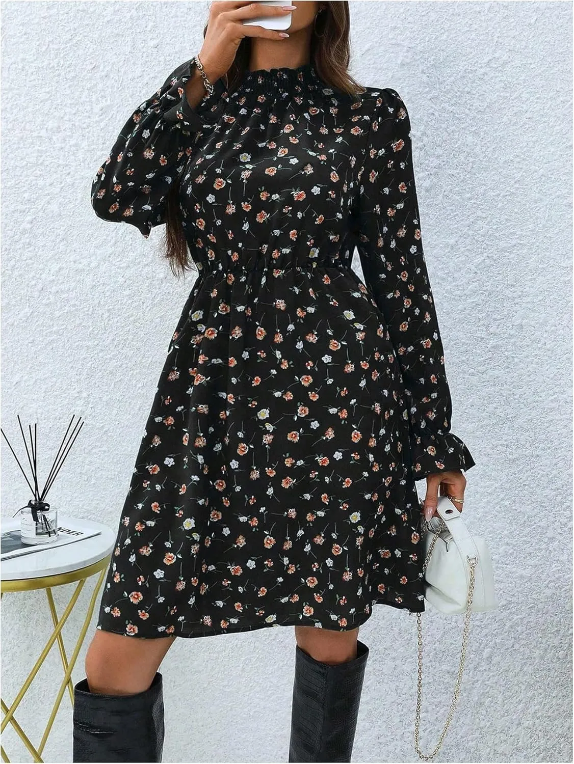 MakeMeChic Women's Floral Print Long Sleeve Mock Neck Shirred A Line Casual Short Mini Dress
