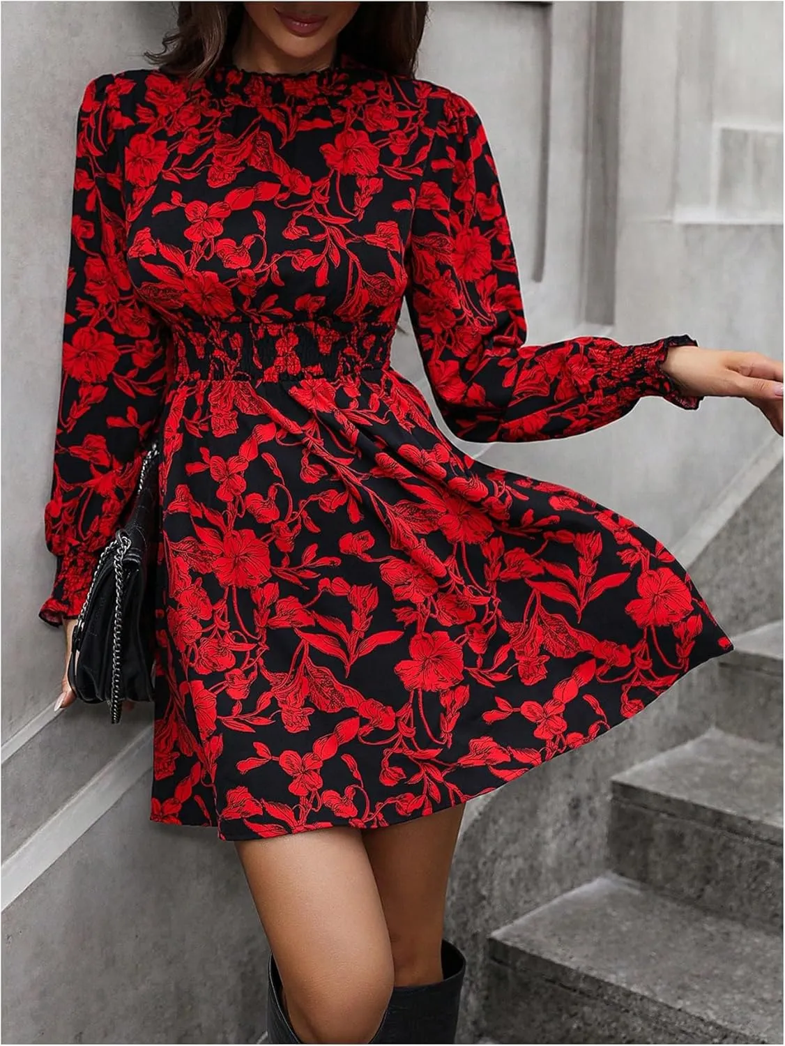 MakeMeChic Women's Floral Print Long Sleeve Mock Neck Shirred A Line Casual Short Mini Dress