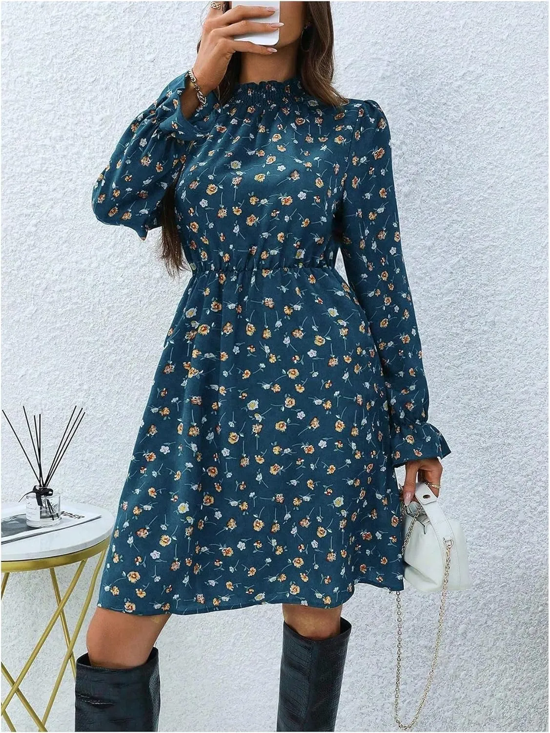 MakeMeChic Women's Floral Print Long Sleeve Mock Neck Shirred A Line Casual Short Mini Dress