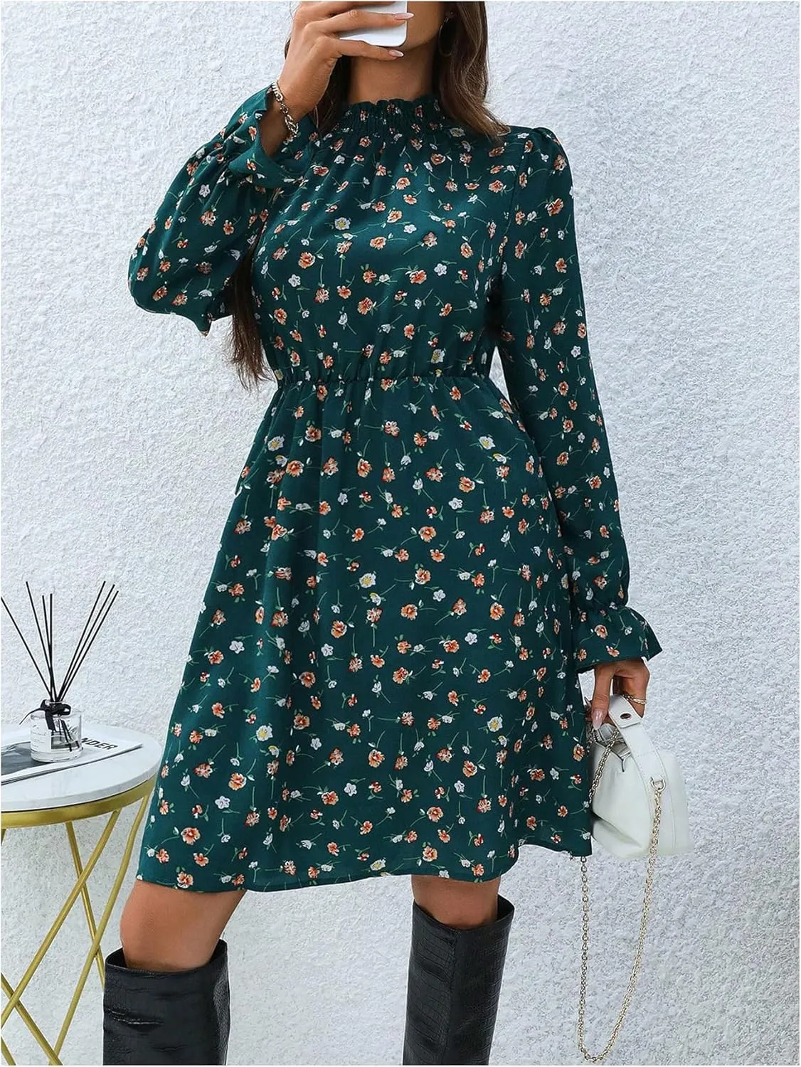 MakeMeChic Women's Floral Print Long Sleeve Mock Neck Shirred A Line Casual Short Mini Dress