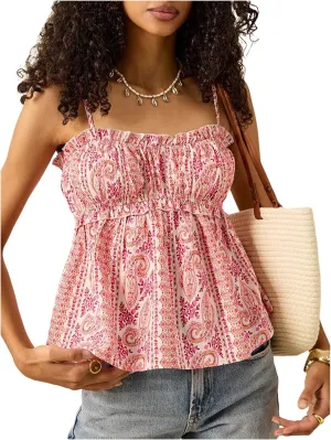 MakeMeChic Women's Floral Spaghetti Strap Camisole Ruched Ruffle Hem Going Out Tank Tops
