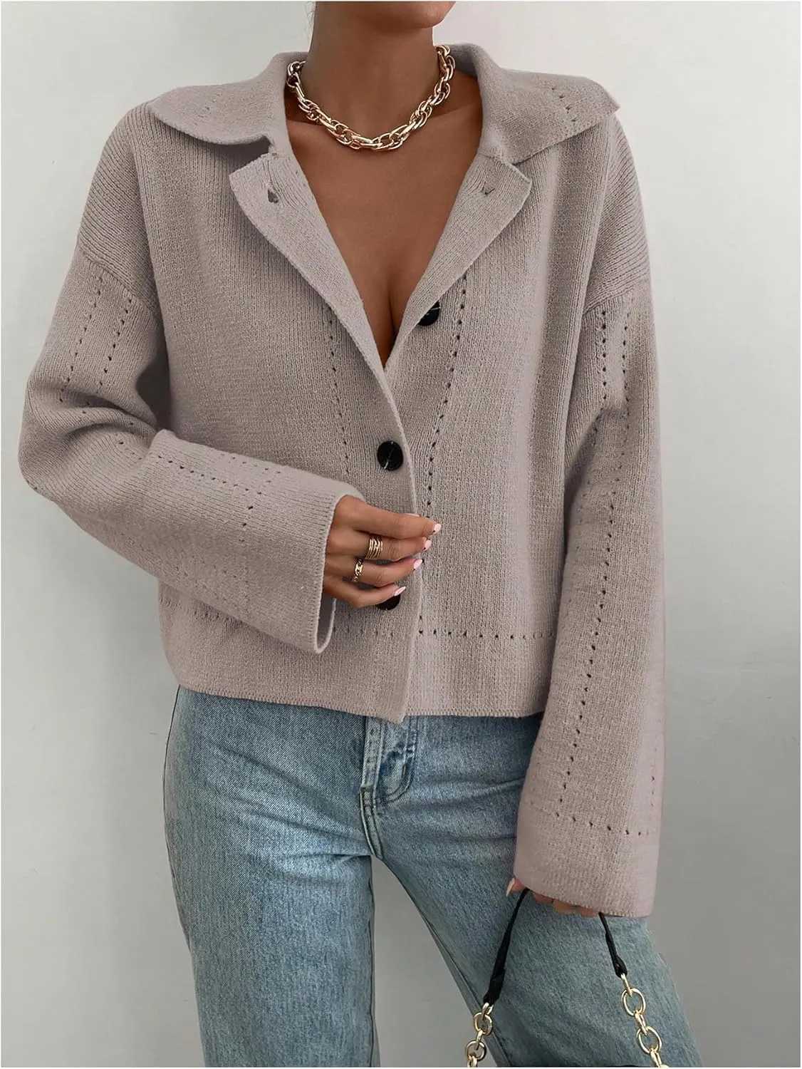 MakeMeChic Women's Long Sleeve Button Down Cardigan Sweater Collared Drop Shoulder Sweaters
