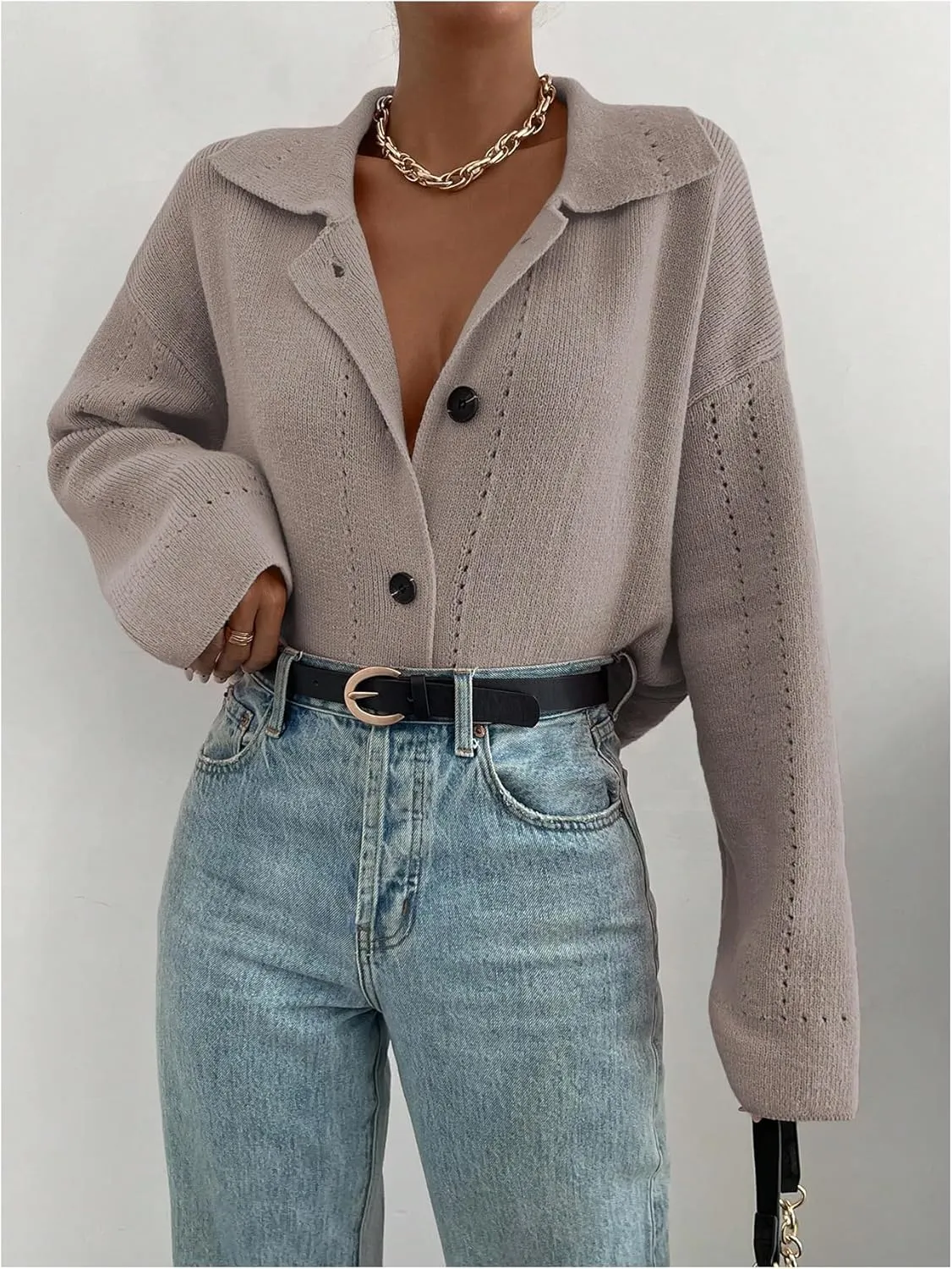 MakeMeChic Women's Long Sleeve Button Down Cardigan Sweater Collared Drop Shoulder Sweaters