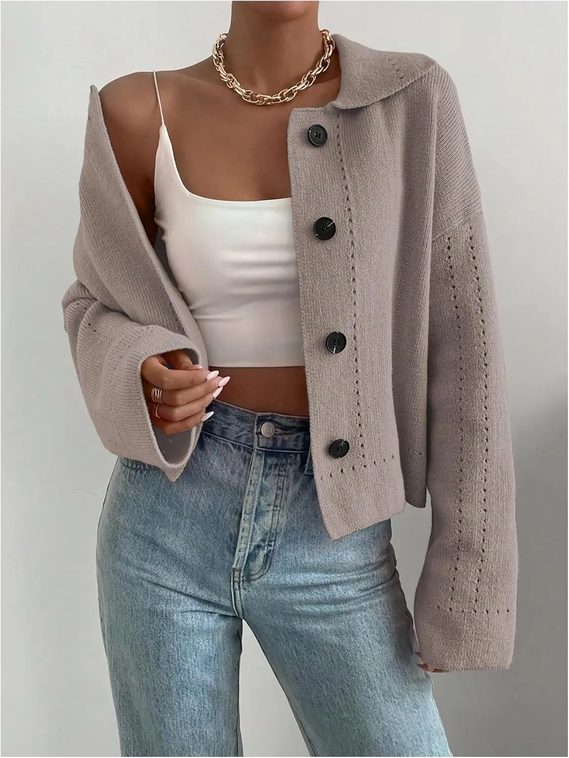 MakeMeChic Women's Long Sleeve Button Down Cardigan Sweater Collared Drop Shoulder Sweaters