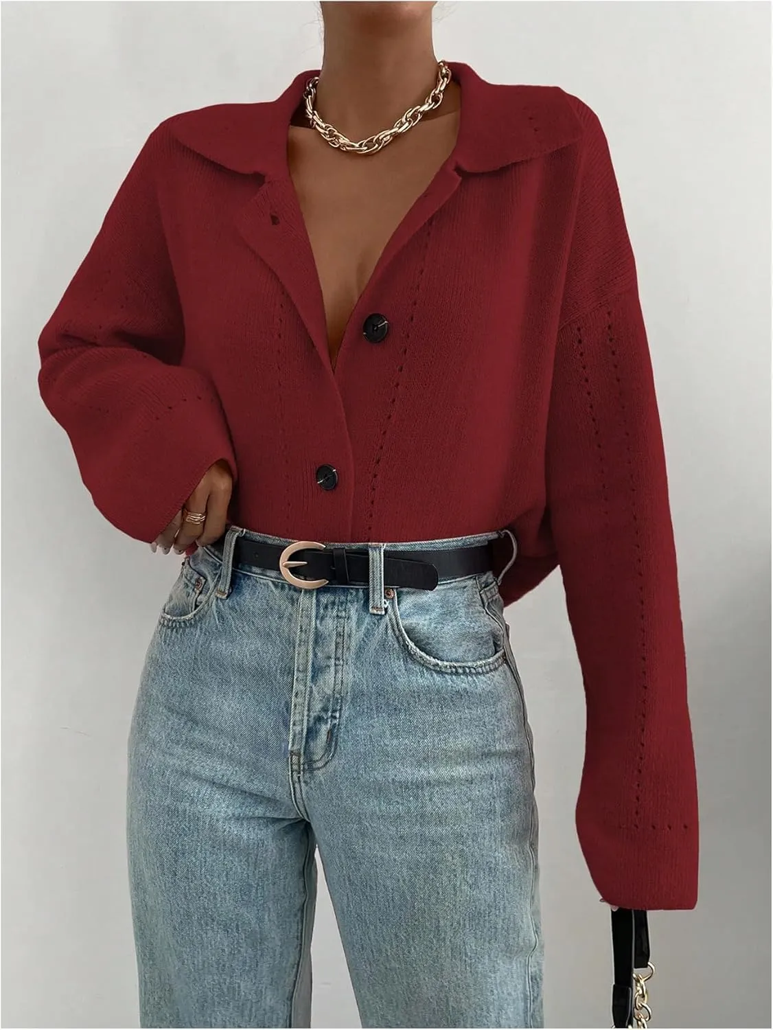 MakeMeChic Women's Long Sleeve Button Down Cardigan Sweater Collared Drop Shoulder Sweaters