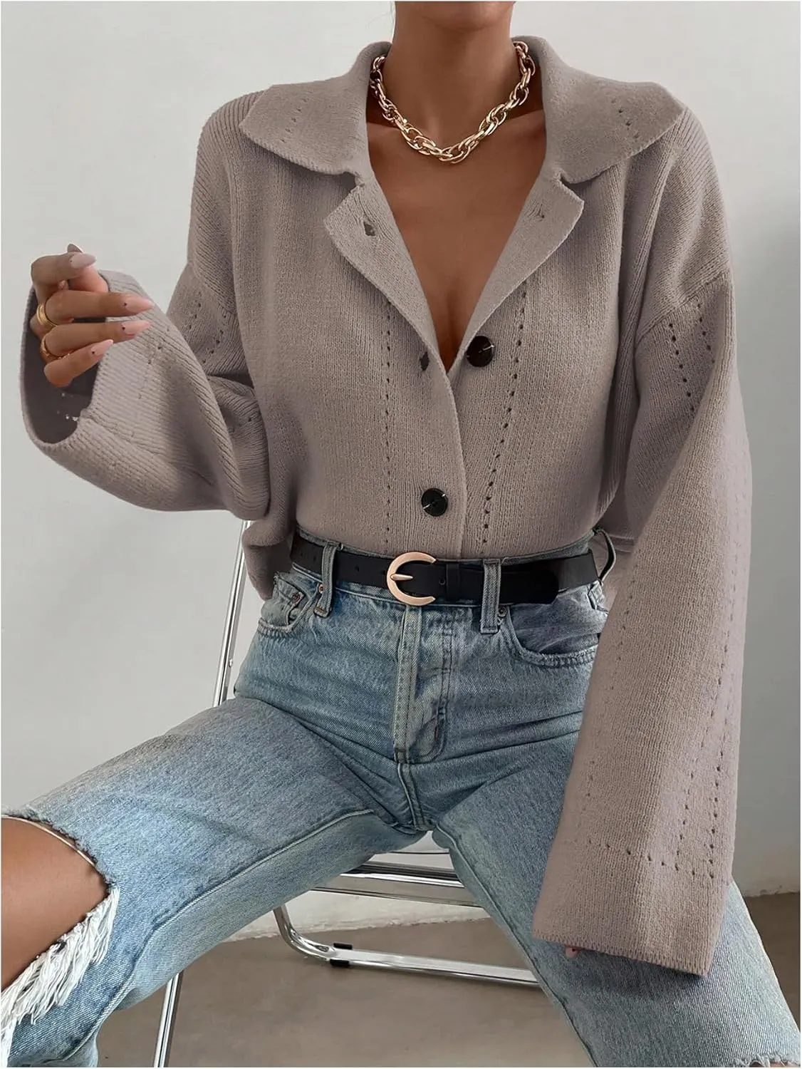 MakeMeChic Women's Long Sleeve Button Down Cardigan Sweater Collared Drop Shoulder Sweaters