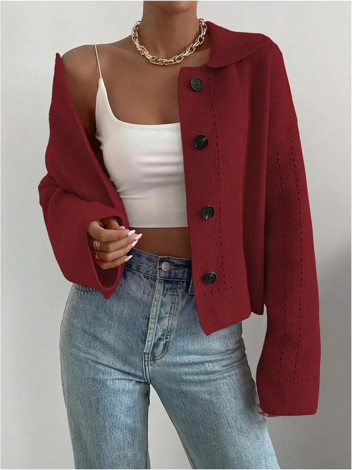 MakeMeChic Women's Long Sleeve Button Down Cardigan Sweater Collared Drop Shoulder Sweaters