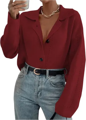 MakeMeChic Women's Long Sleeve Button Down Cardigan Sweater Collared Drop Shoulder Sweaters