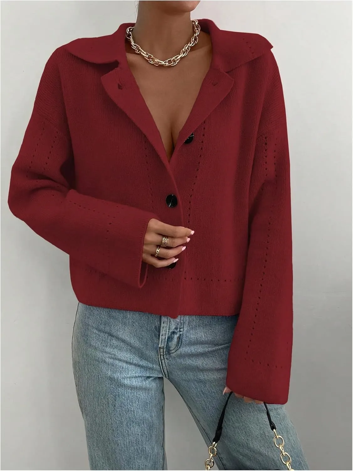 MakeMeChic Women's Long Sleeve Button Down Cardigan Sweater Collared Drop Shoulder Sweaters