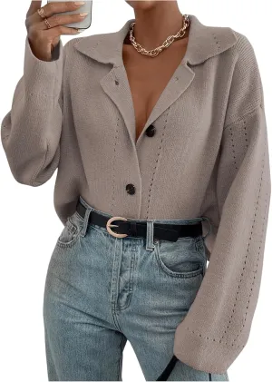 MakeMeChic Women's Long Sleeve Button Down Cardigan Sweater Collared Drop Shoulder Sweaters
