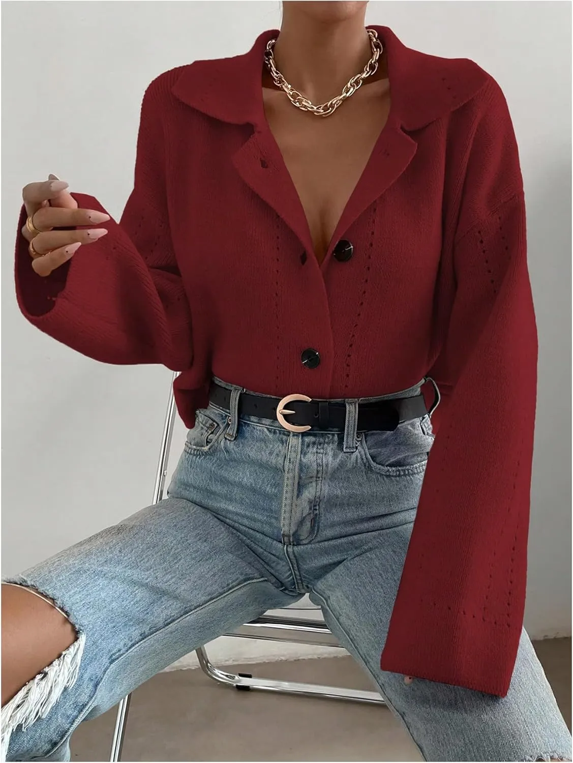 MakeMeChic Women's Long Sleeve Button Down Cardigan Sweater Collared Drop Shoulder Sweaters