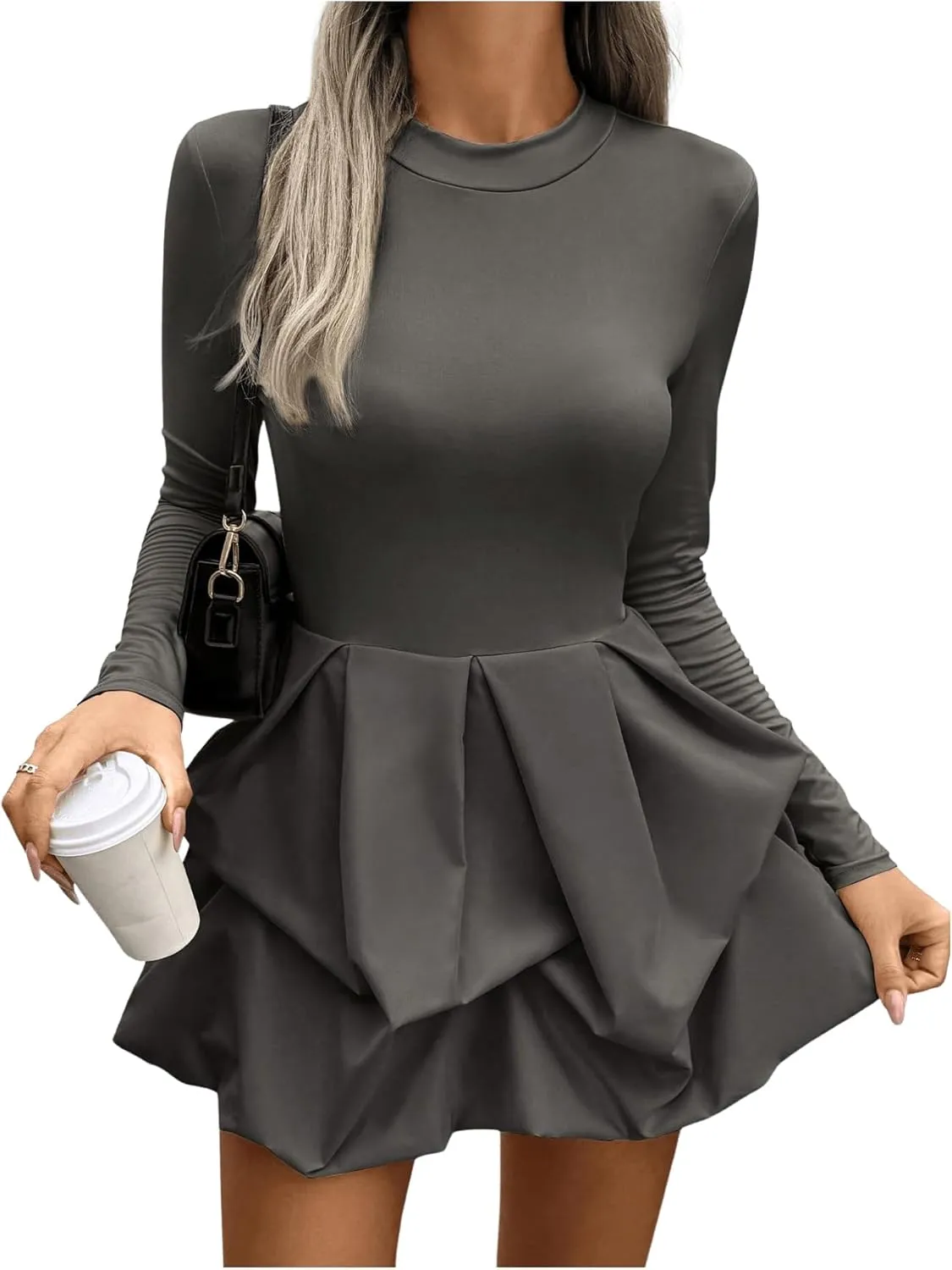 MakeMeChic Women's Long Sleeve Mock Neck Mini Dress Ruffle Hem A Line Short Dresses