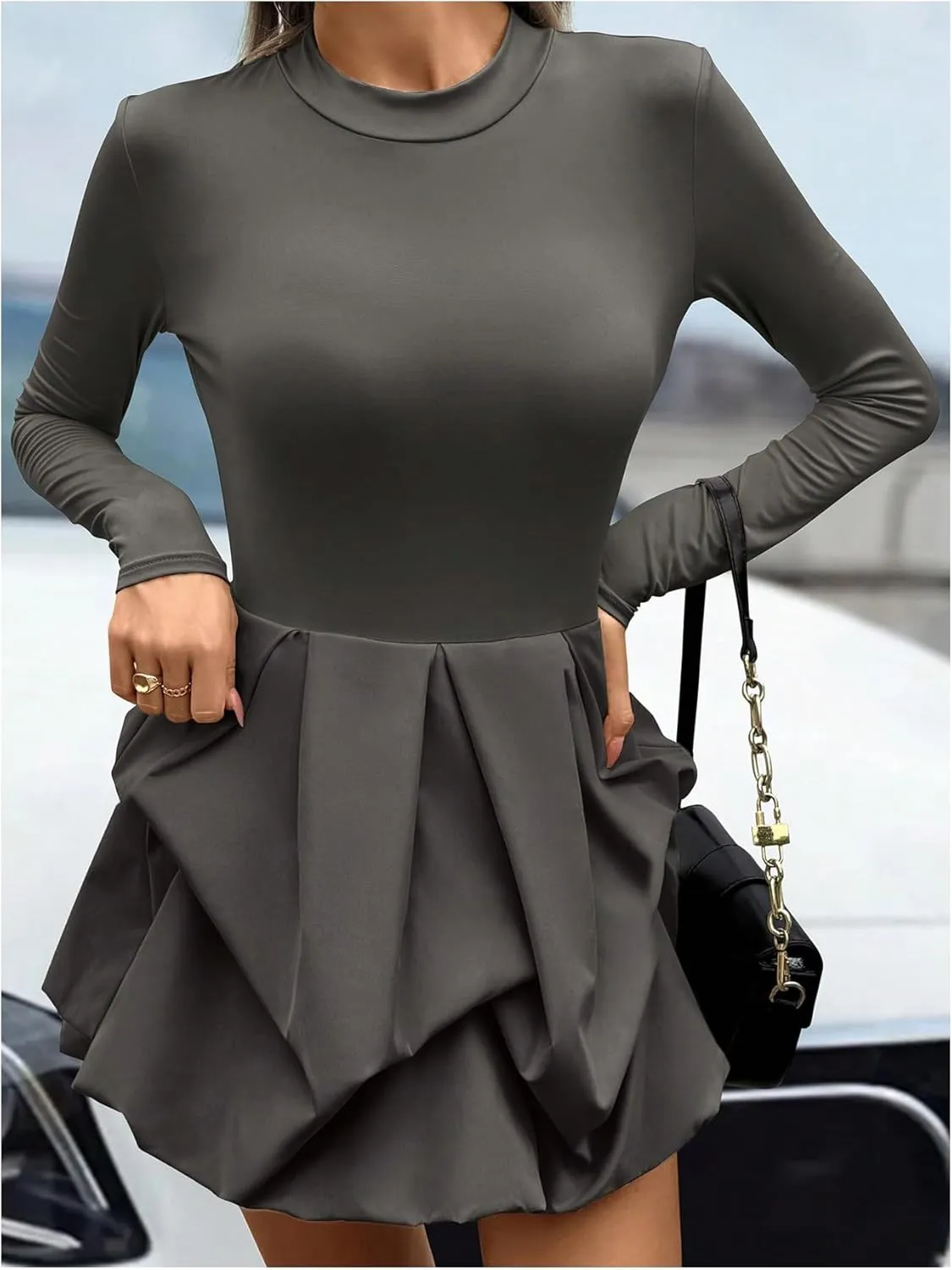 MakeMeChic Women's Long Sleeve Mock Neck Mini Dress Ruffle Hem A Line Short Dresses