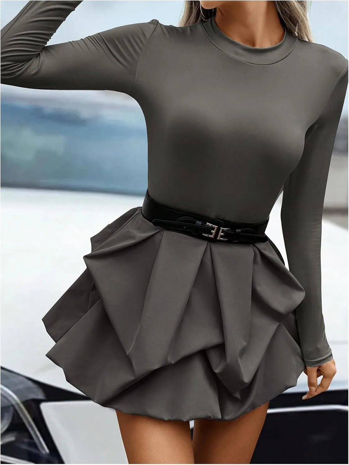 MakeMeChic Women's Long Sleeve Mock Neck Mini Dress Ruffle Hem A Line Short Dresses