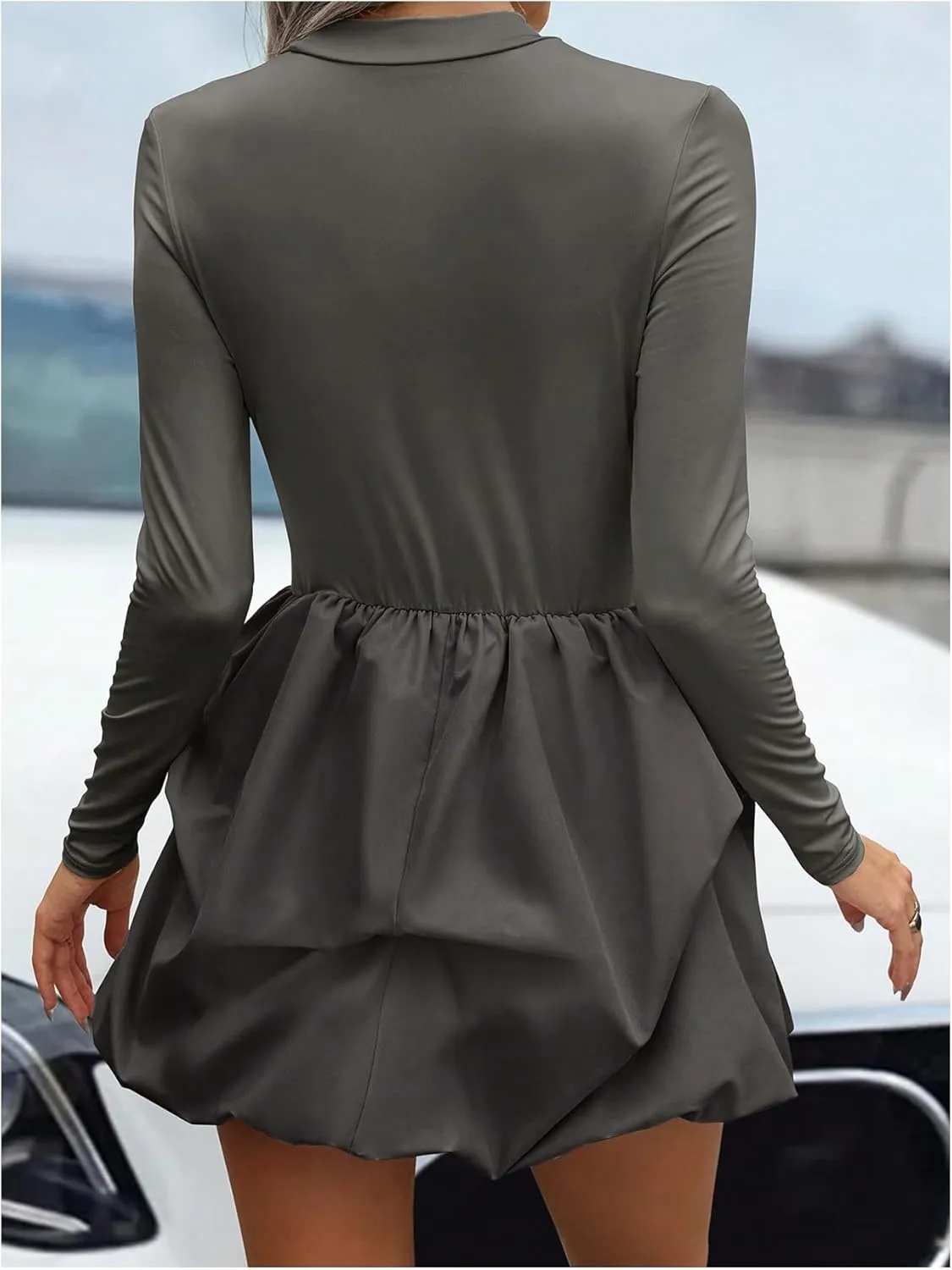 MakeMeChic Women's Long Sleeve Mock Neck Mini Dress Ruffle Hem A Line Short Dresses