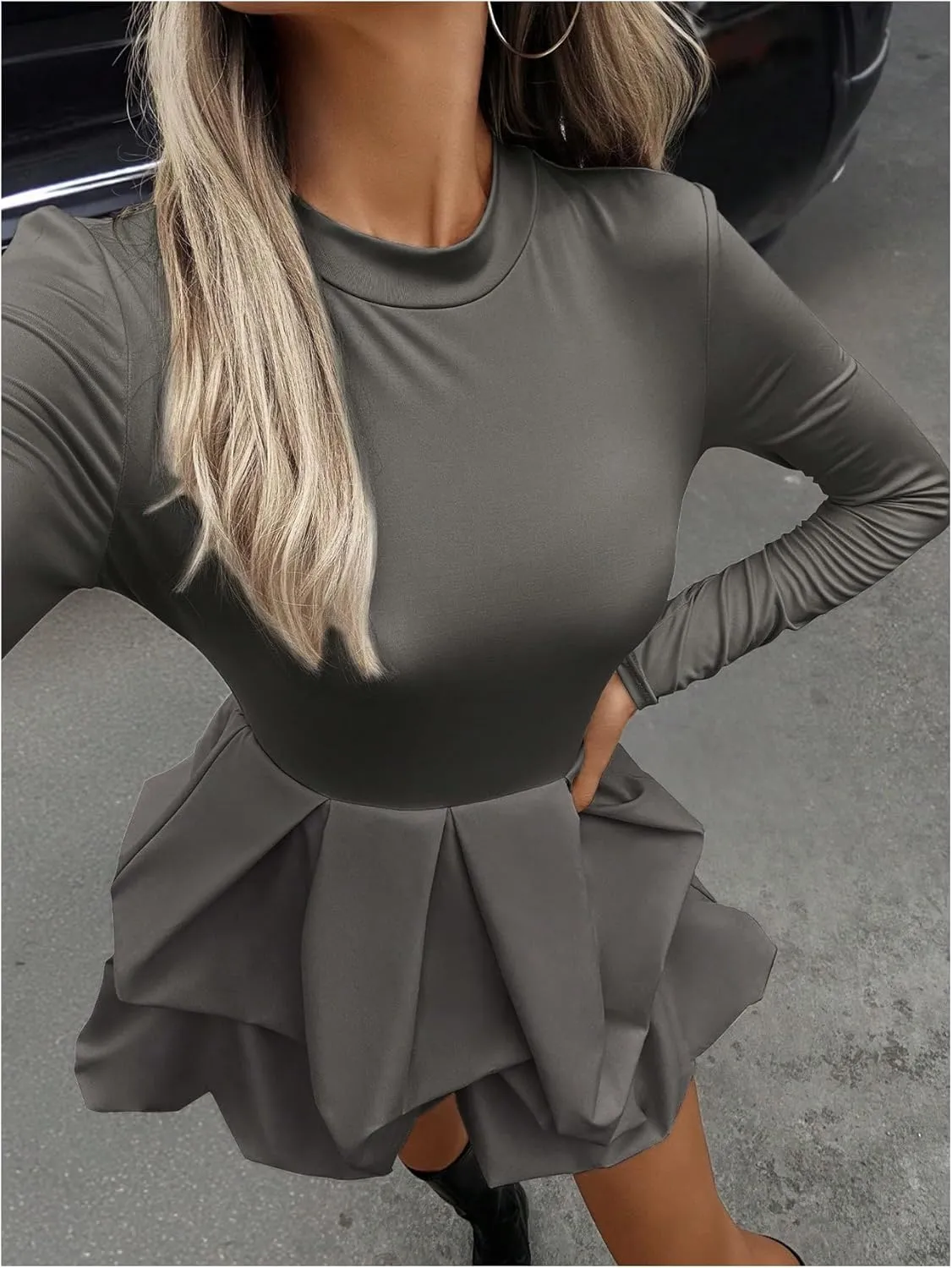 MakeMeChic Women's Long Sleeve Mock Neck Mini Dress Ruffle Hem A Line Short Dresses