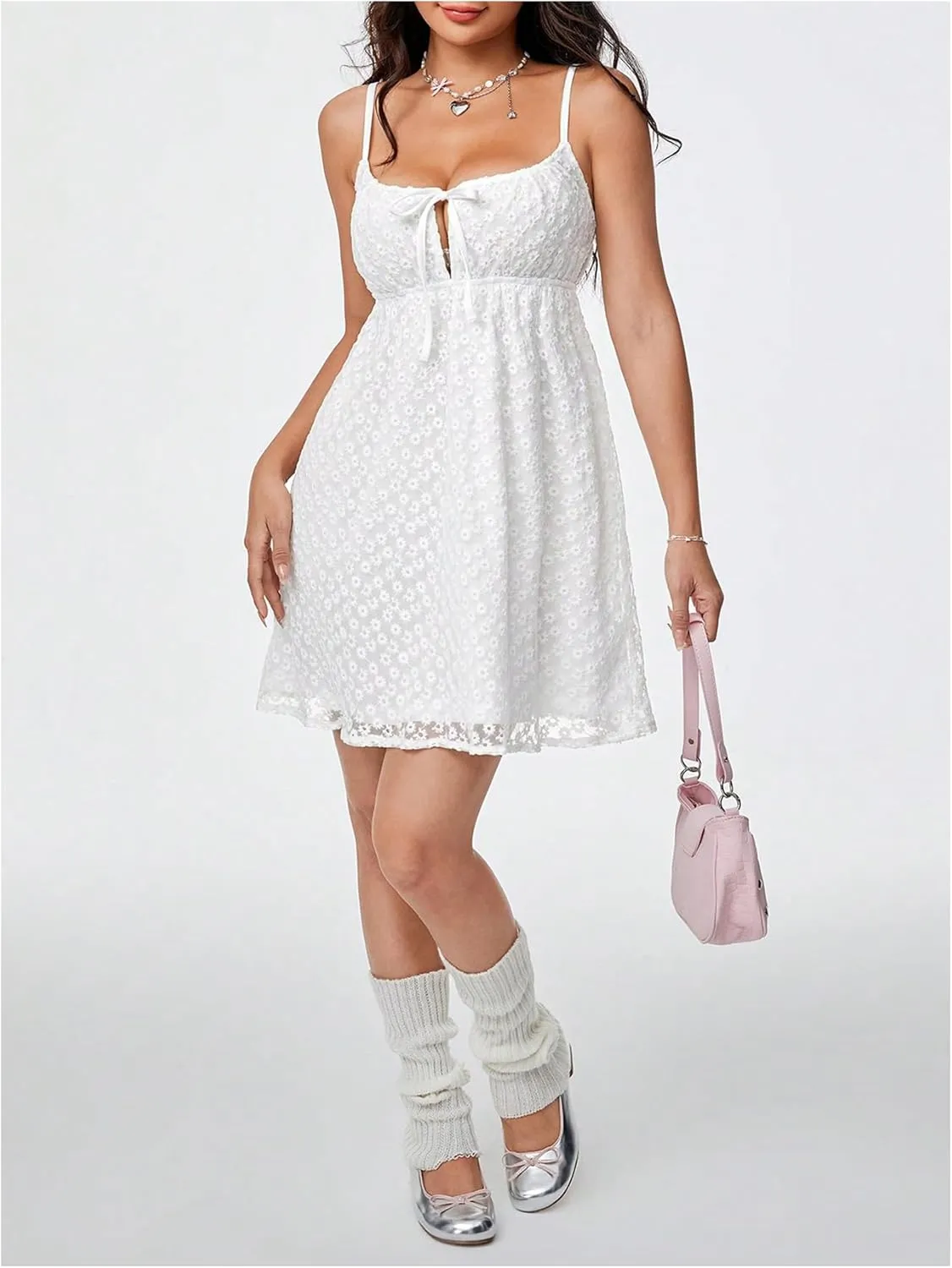MakeMeChic Women's Mesh Eyelet Embroidery Spaghetti Strap Cami Dress Backless Summer Mini Dresses Sundress
