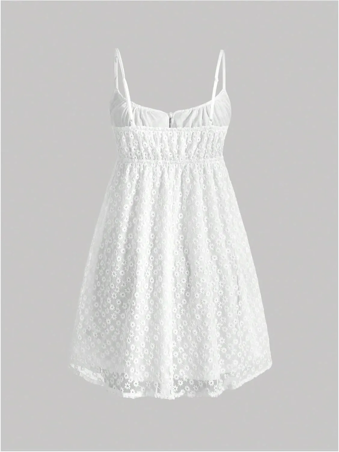 MakeMeChic Women's Mesh Eyelet Embroidery Spaghetti Strap Cami Dress Backless Summer Mini Dresses Sundress