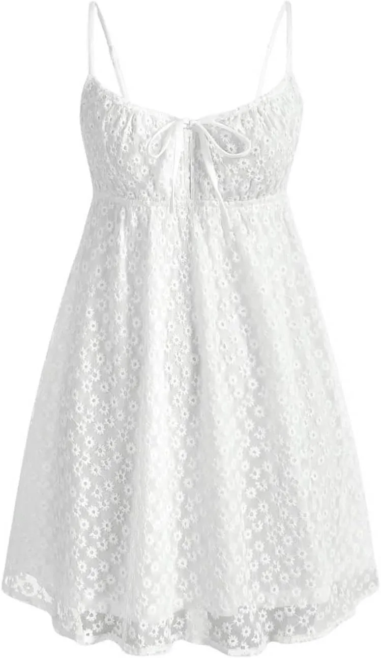 MakeMeChic Women's Mesh Eyelet Embroidery Spaghetti Strap Cami Dress Backless Summer Mini Dresses Sundress