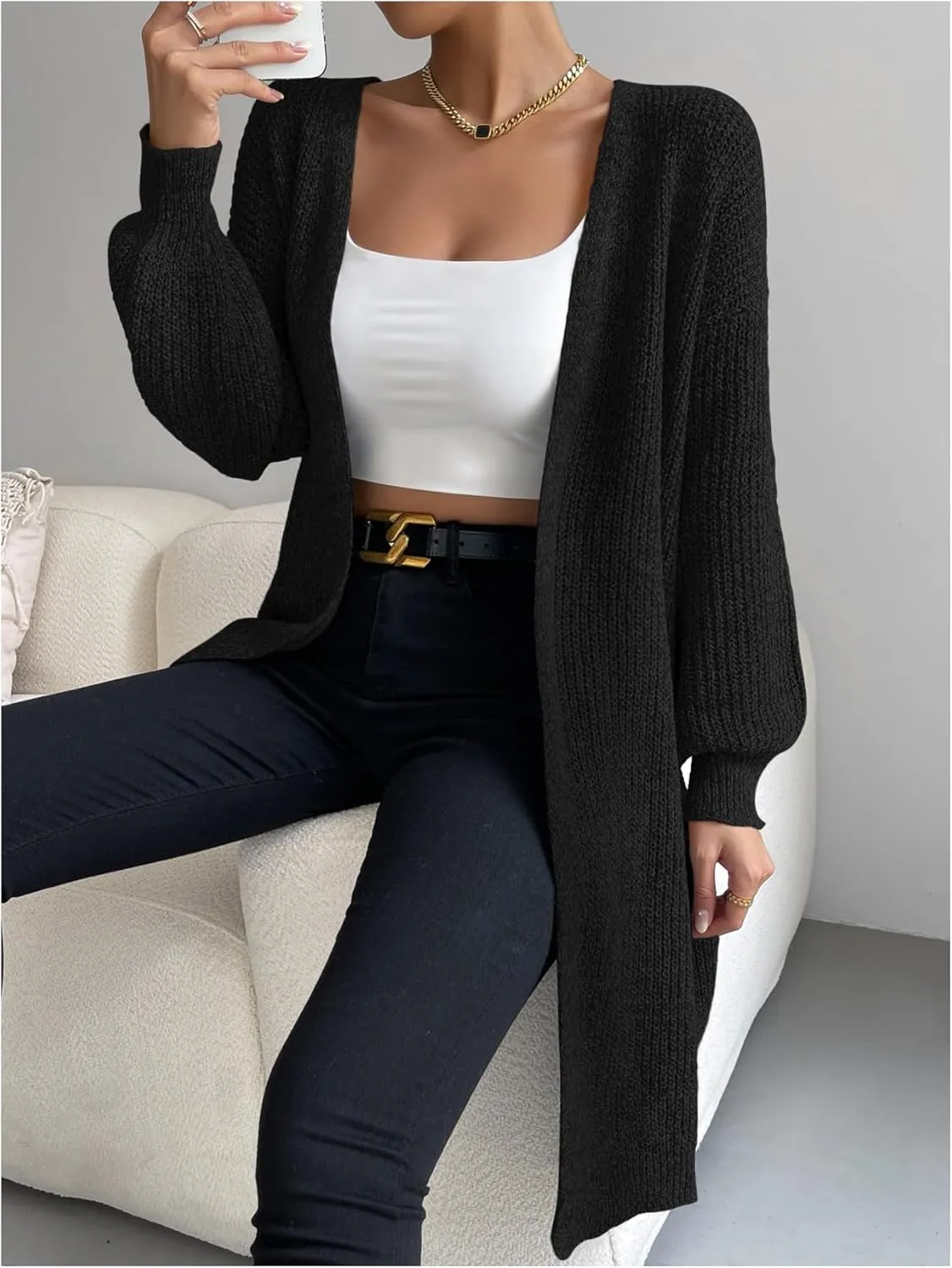 MakeMeChic Women's Open Front Duster Cardigan Long Sleeve Knee Length Knitted Outerwear