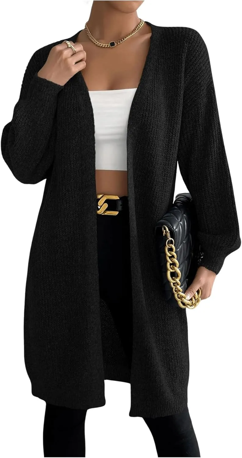 MakeMeChic Women's Open Front Duster Cardigan Long Sleeve Knee Length Knitted Outerwear