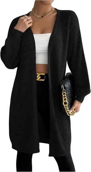 MakeMeChic Women's Open Front Duster Cardigan Long Sleeve Knee Length Knitted Outerwear