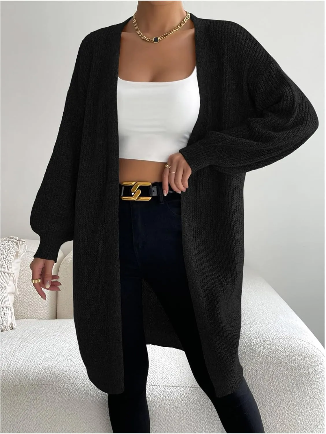 MakeMeChic Women's Open Front Duster Cardigan Long Sleeve Knee Length Knitted Outerwear