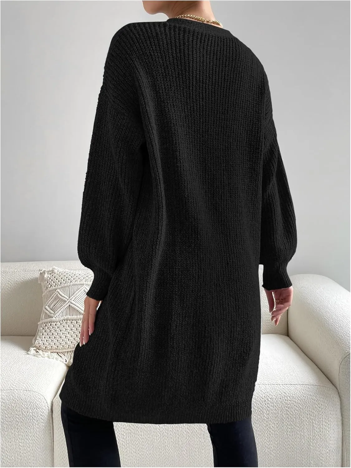 MakeMeChic Women's Open Front Duster Cardigan Long Sleeve Knee Length Knitted Outerwear