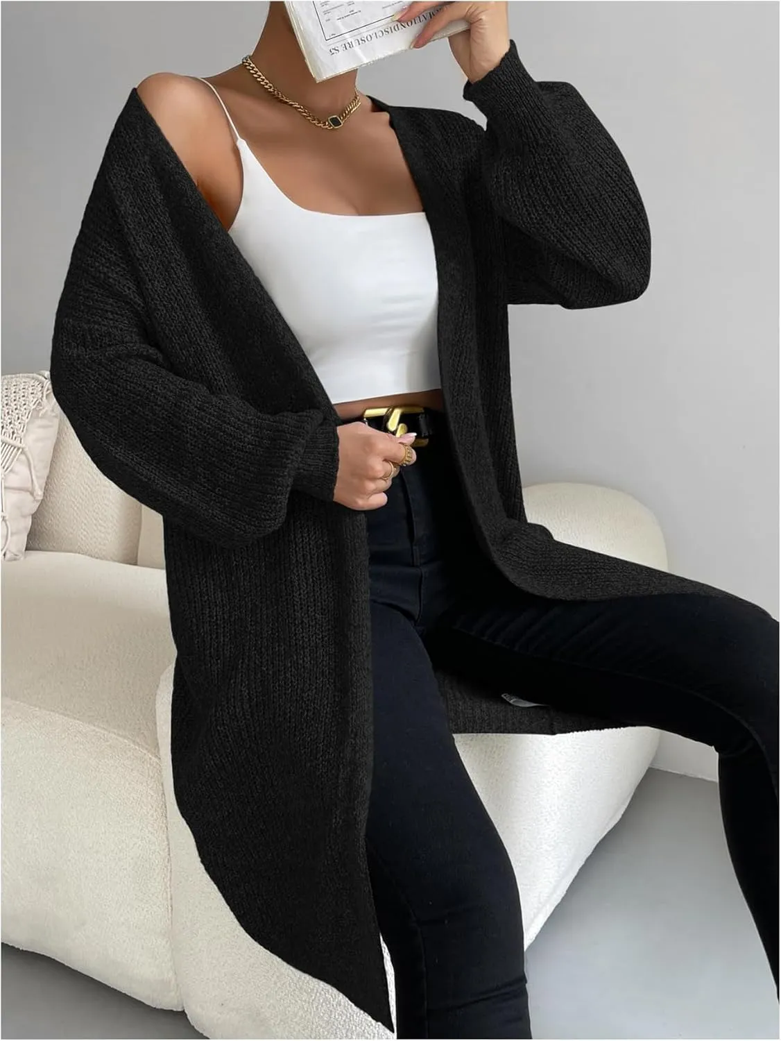 MakeMeChic Women's Open Front Duster Cardigan Long Sleeve Knee Length Knitted Outerwear