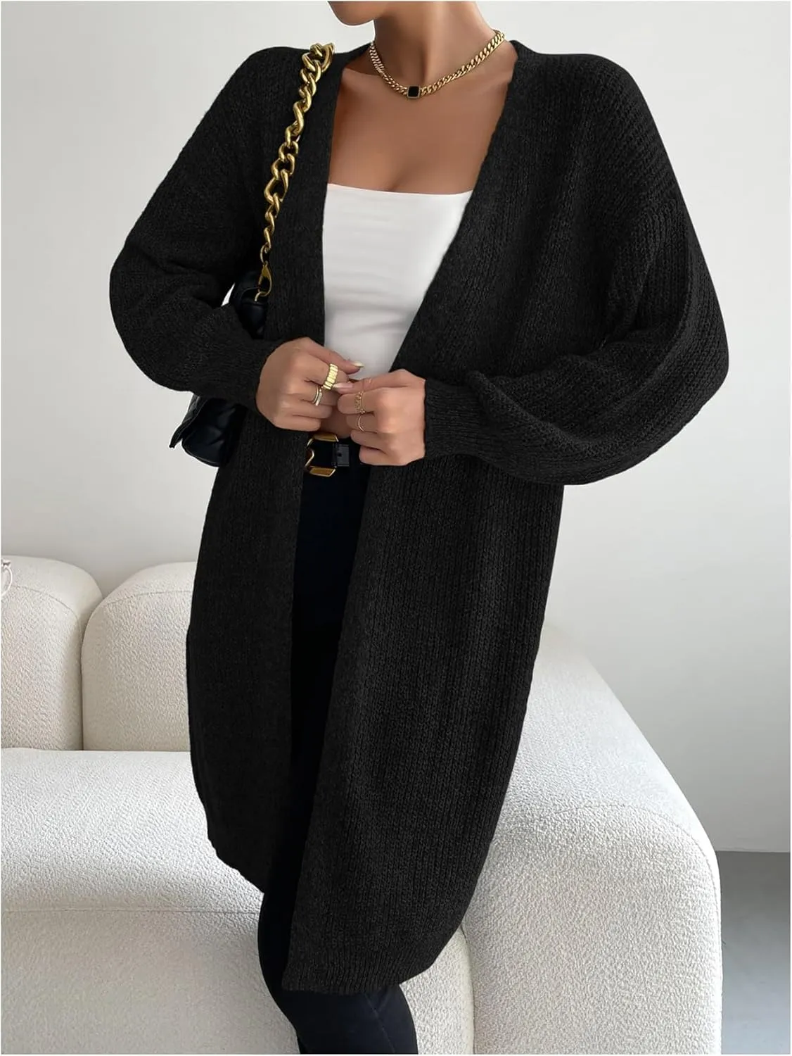 MakeMeChic Women's Open Front Duster Cardigan Long Sleeve Knee Length Knitted Outerwear