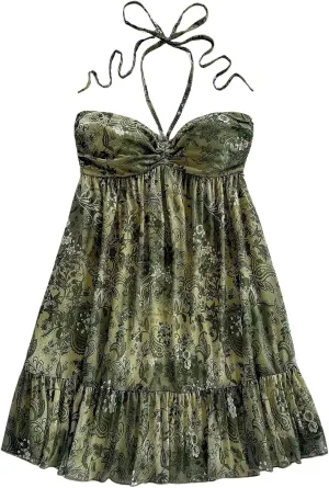 MakeMeChic Women's Paisley Print Halter Tie Back Sleeveless Ruched A Line Mini Dress
