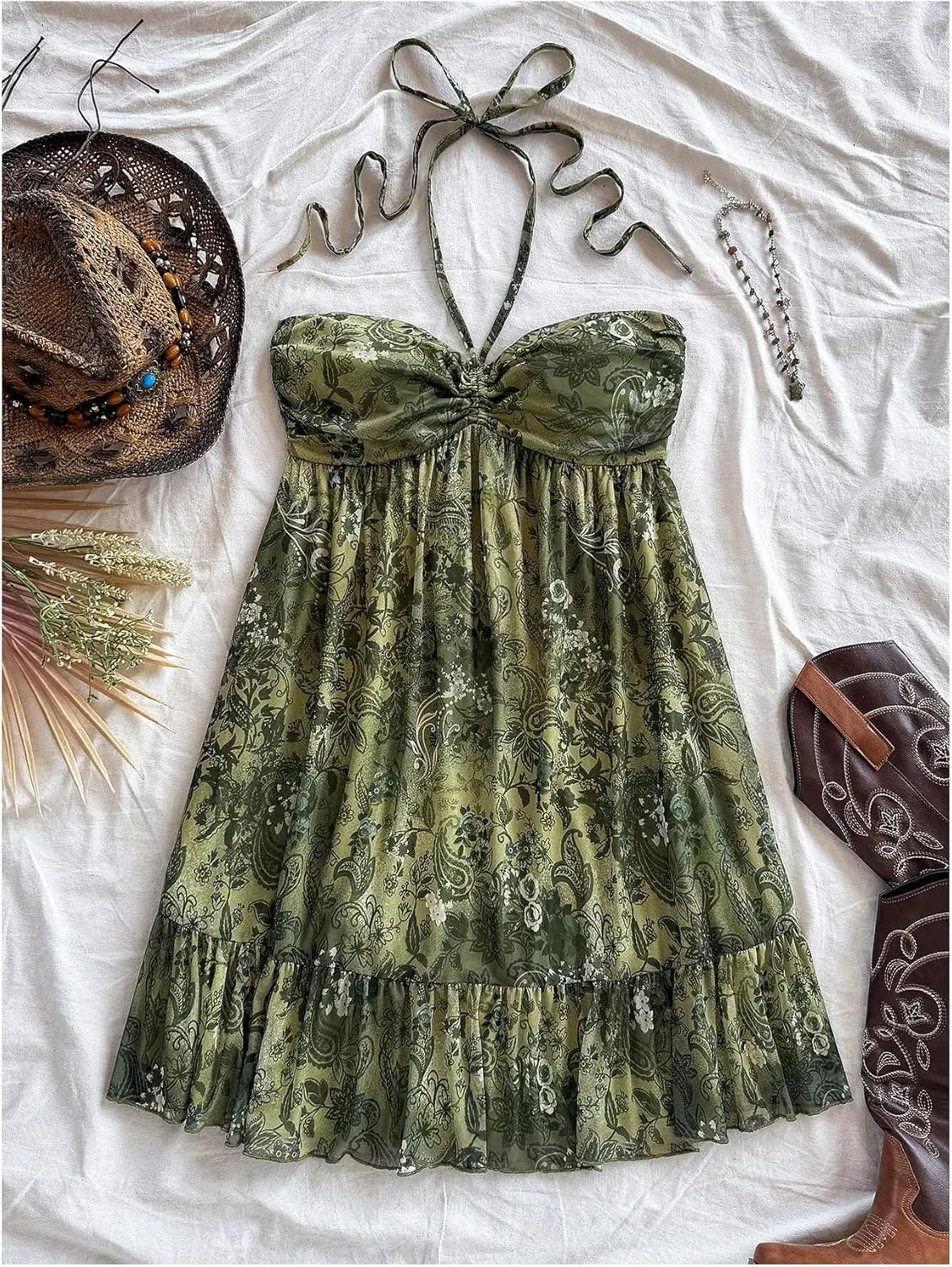 MakeMeChic Women's Paisley Print Halter Tie Back Sleeveless Ruched A Line Mini Dress