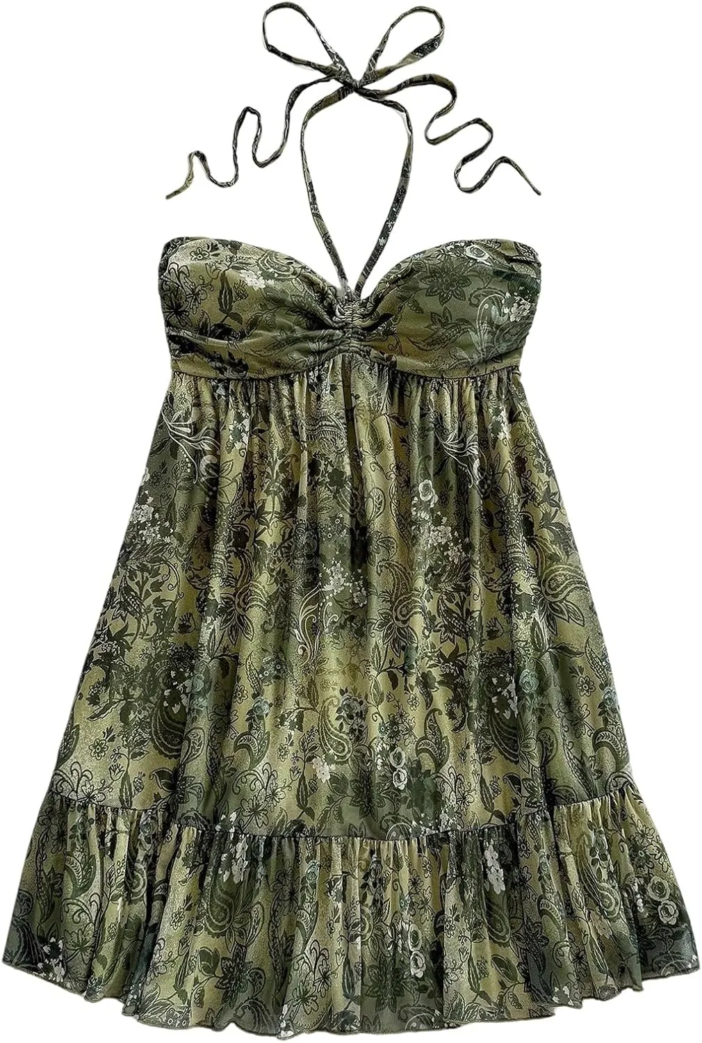 MakeMeChic Women's Paisley Print Halter Tie Back Sleeveless Ruched A Line Mini Dress