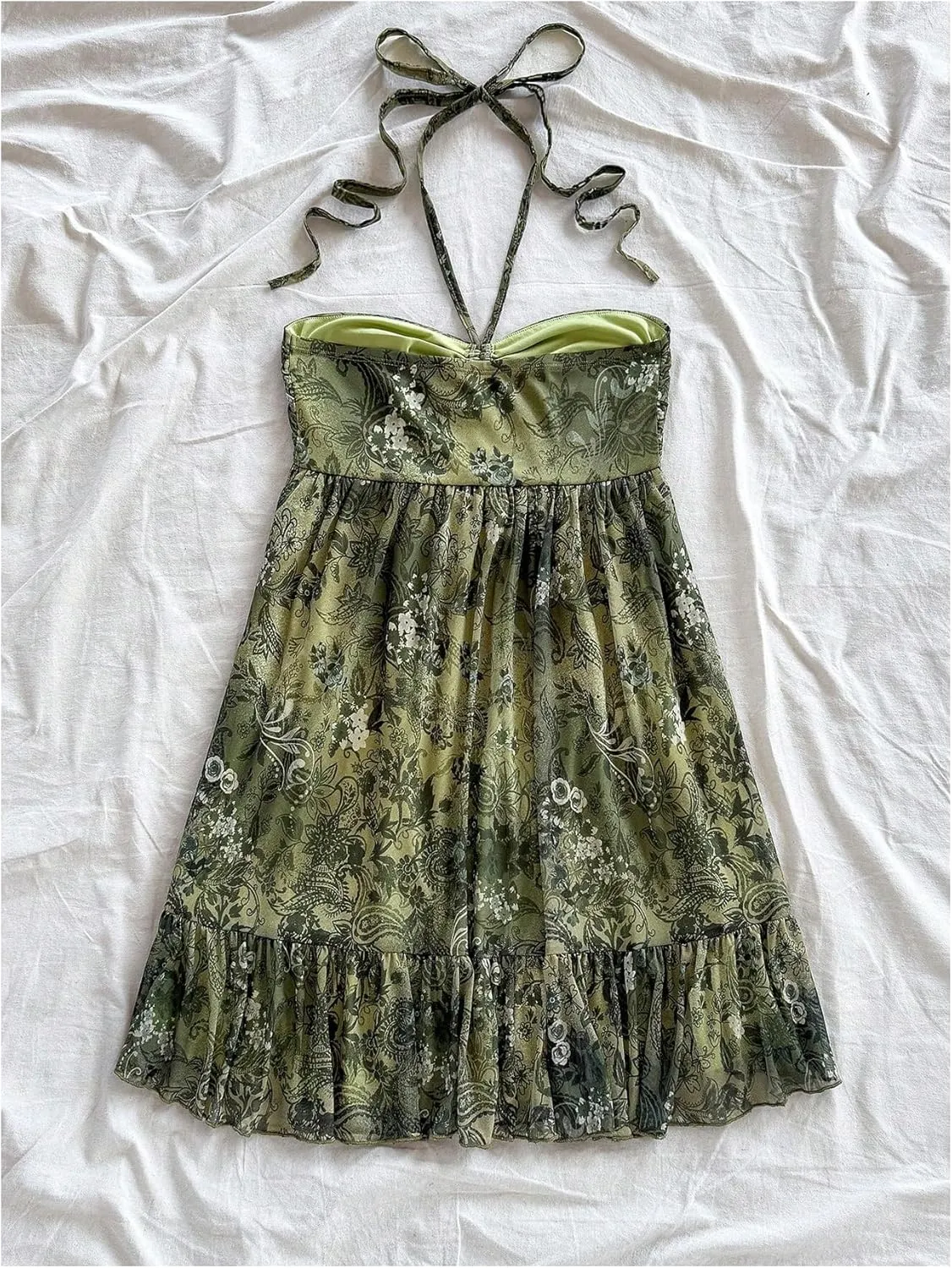 MakeMeChic Women's Paisley Print Halter Tie Back Sleeveless Ruched A Line Mini Dress