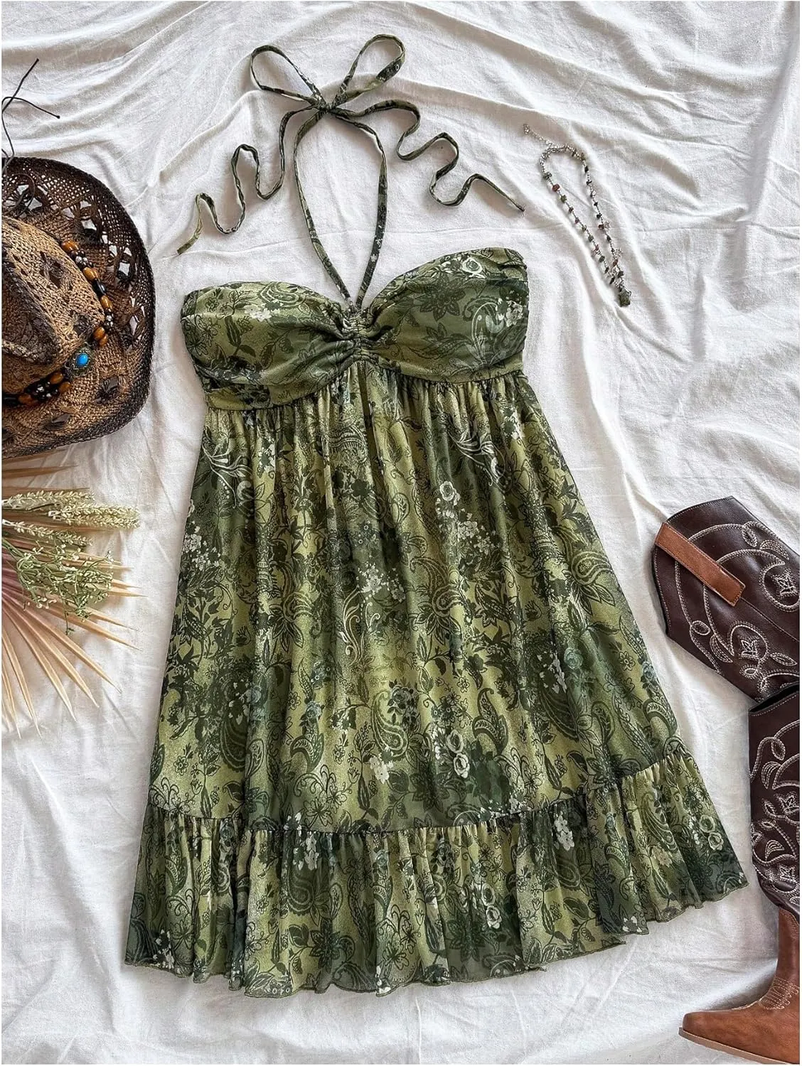 MakeMeChic Women's Paisley Print Halter Tie Back Sleeveless Ruched A Line Mini Dress