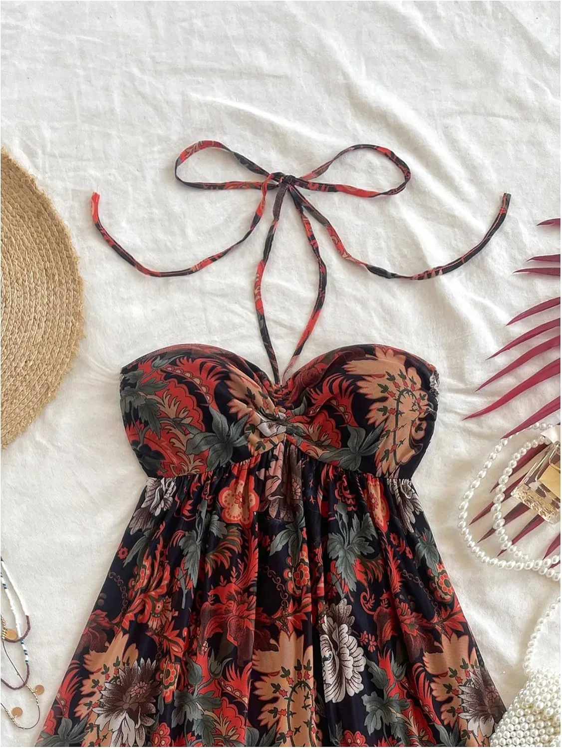 MakeMeChic Women's Paisley Print Ruched Halter Mini Dress Ruffle Tiered A Line Boho Dresses