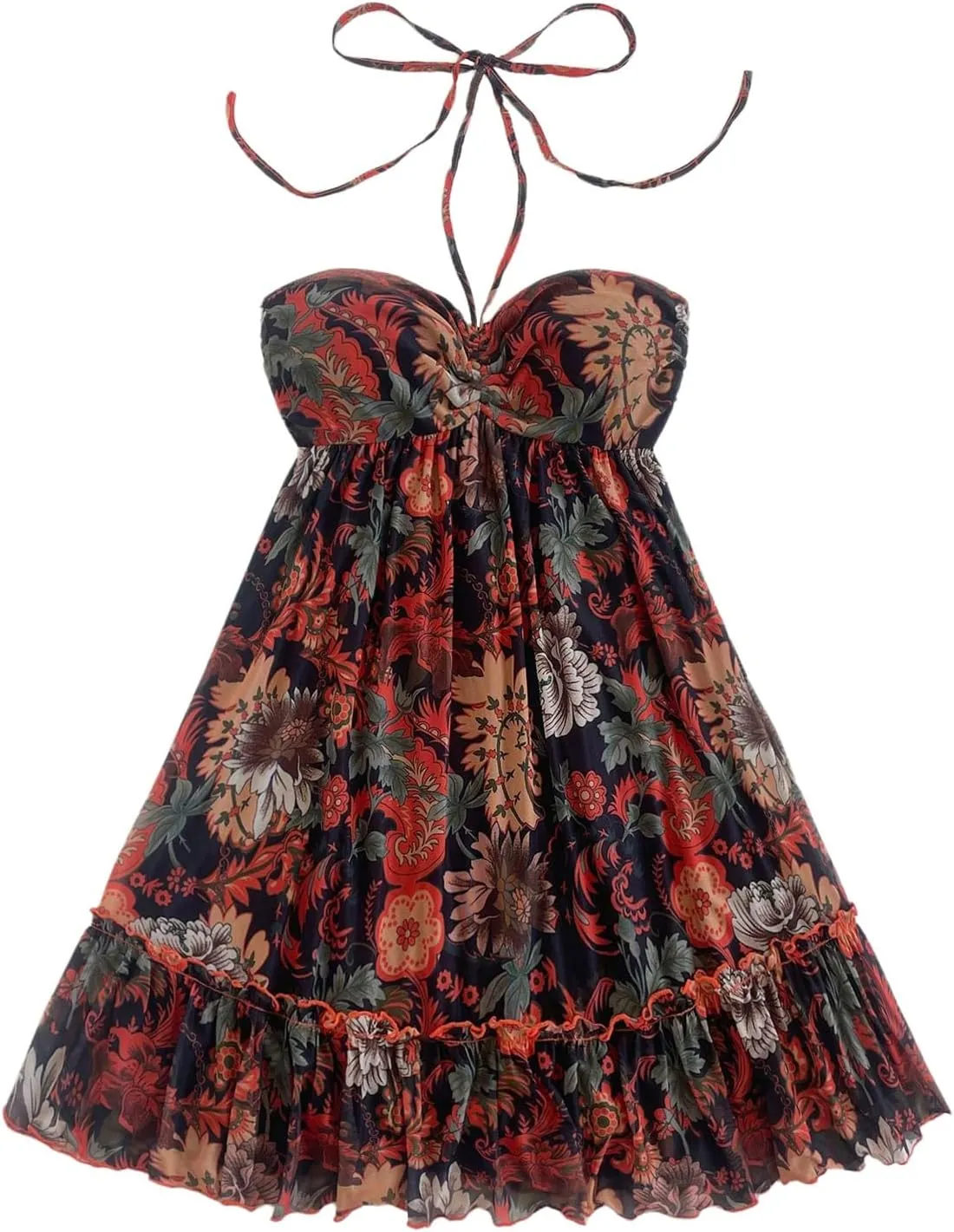 MakeMeChic Women's Paisley Print Ruched Halter Mini Dress Ruffle Tiered A Line Boho Dresses