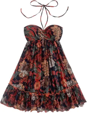 MakeMeChic Women's Paisley Print Ruched Halter Mini Dress Ruffle Tiered A Line Boho Dresses