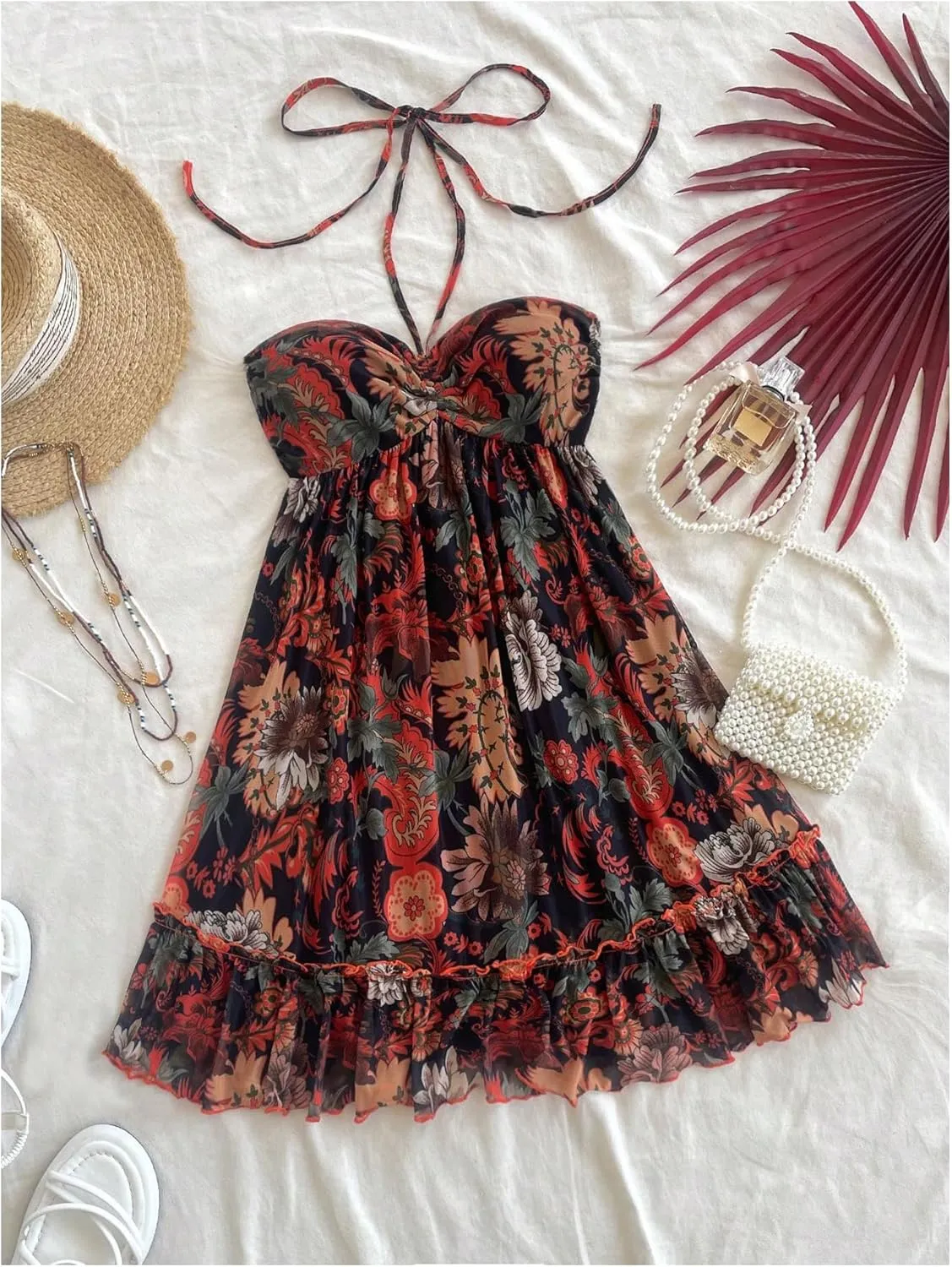 MakeMeChic Women's Paisley Print Ruched Halter Mini Dress Ruffle Tiered A Line Boho Dresses