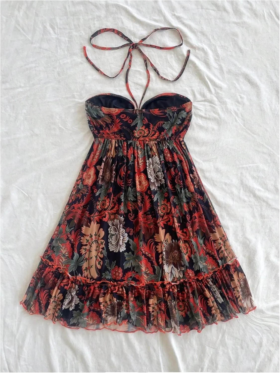 MakeMeChic Women's Paisley Print Ruched Halter Mini Dress Ruffle Tiered A Line Boho Dresses