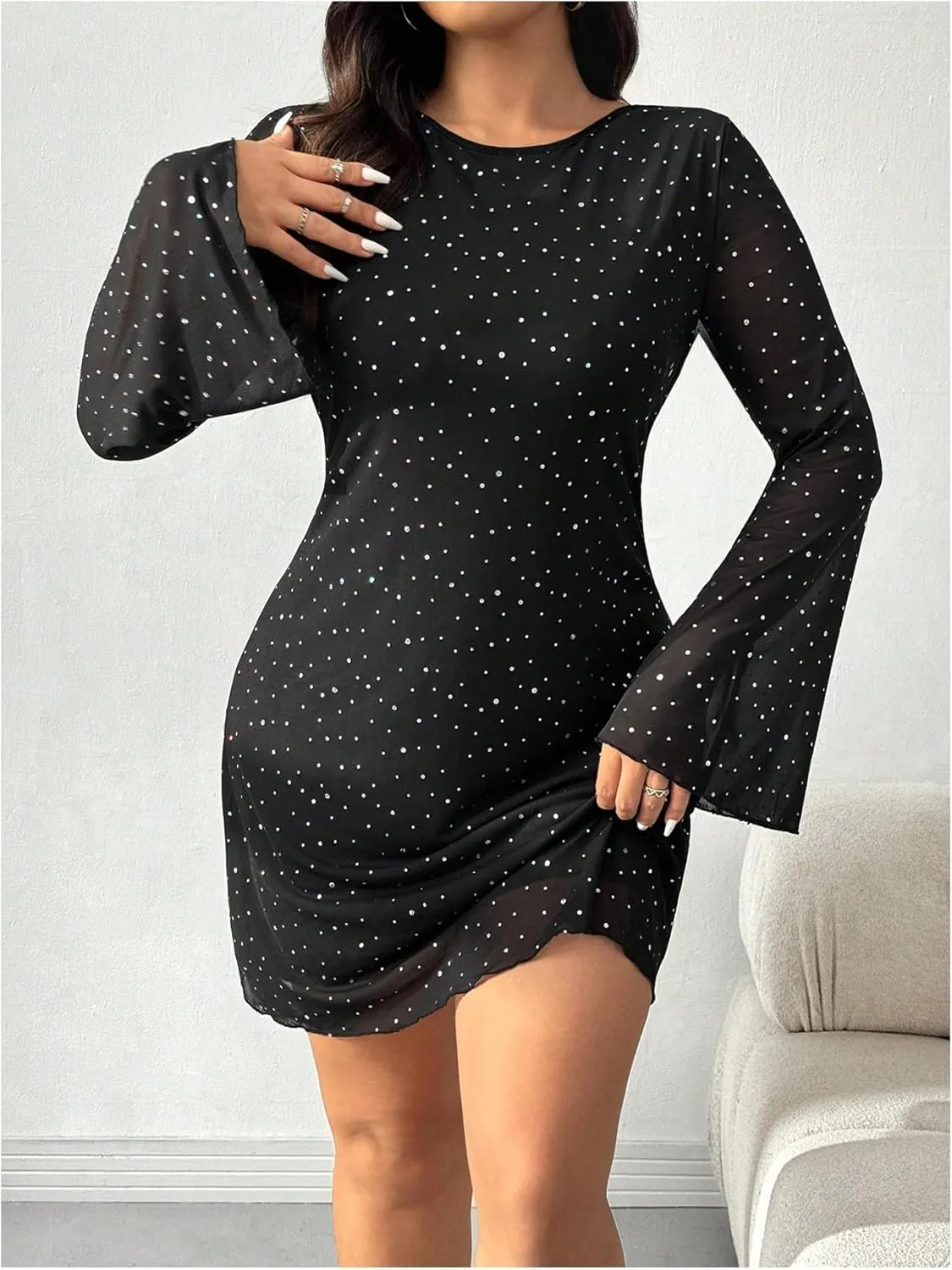 MakeMeChic Women's Plus Size Leopard Print Dress Bell Sleeve Cheetah Print Dress Y2K Mesh Backless Mini Dresses