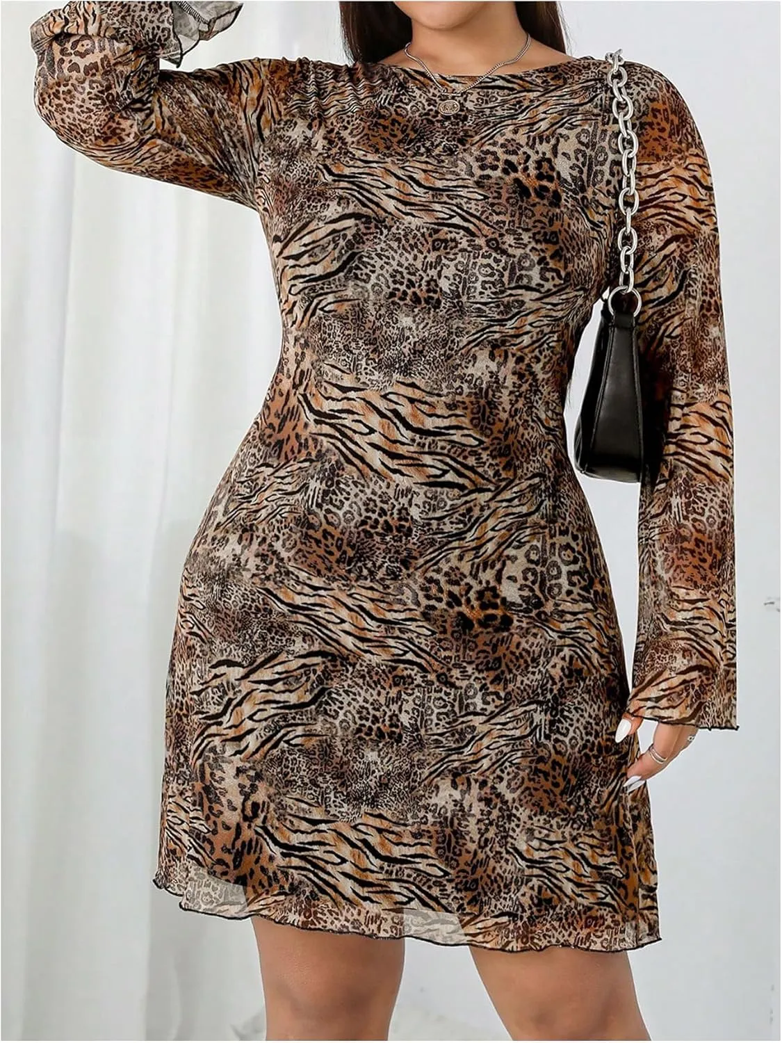 MakeMeChic Women's Plus Size Leopard Print Dress Bell Sleeve Cheetah Print Dress Y2K Mesh Backless Mini Dresses