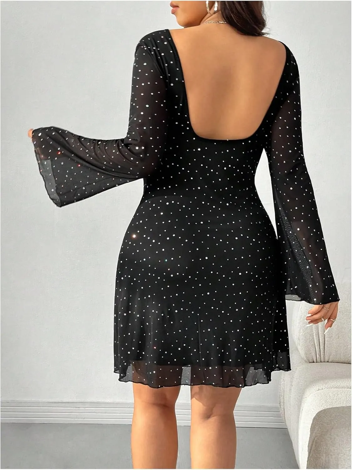MakeMeChic Women's Plus Size Leopard Print Dress Bell Sleeve Cheetah Print Dress Y2K Mesh Backless Mini Dresses