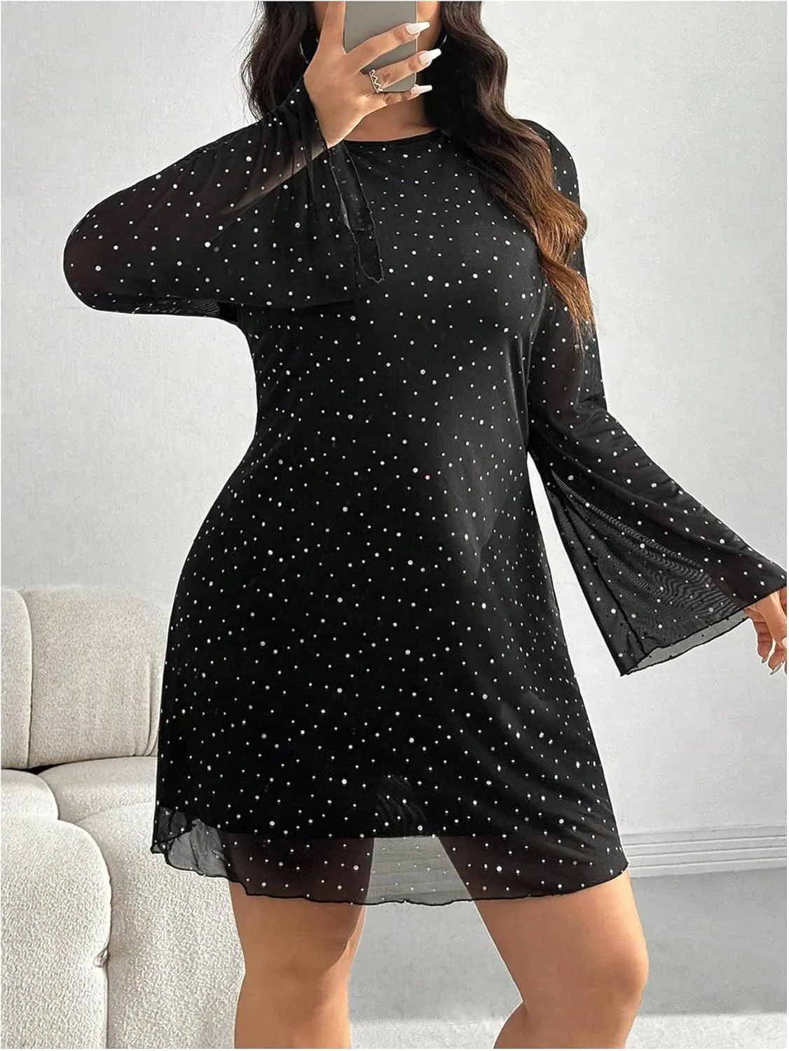 MakeMeChic Women's Plus Size Leopard Print Dress Bell Sleeve Cheetah Print Dress Y2K Mesh Backless Mini Dresses