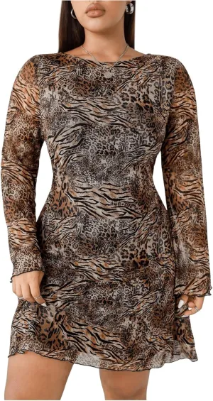 MakeMeChic Women's Plus Size Leopard Print Dress Bell Sleeve Cheetah Print Dress Y2K Mesh Backless Mini Dresses