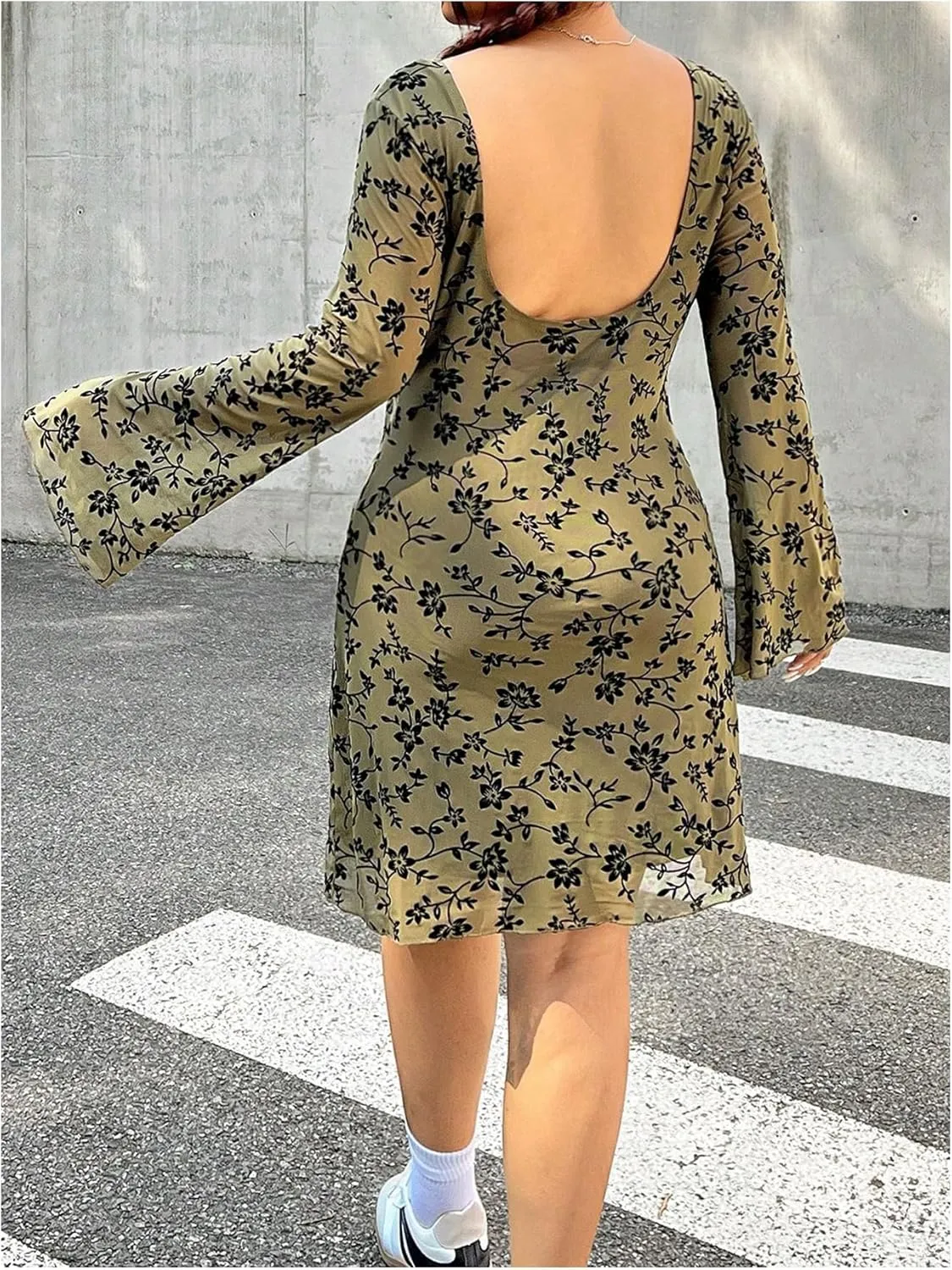 MakeMeChic Women's Plus Size Leopard Print Dress Bell Sleeve Cheetah Print Dress Y2K Mesh Backless Mini Dresses