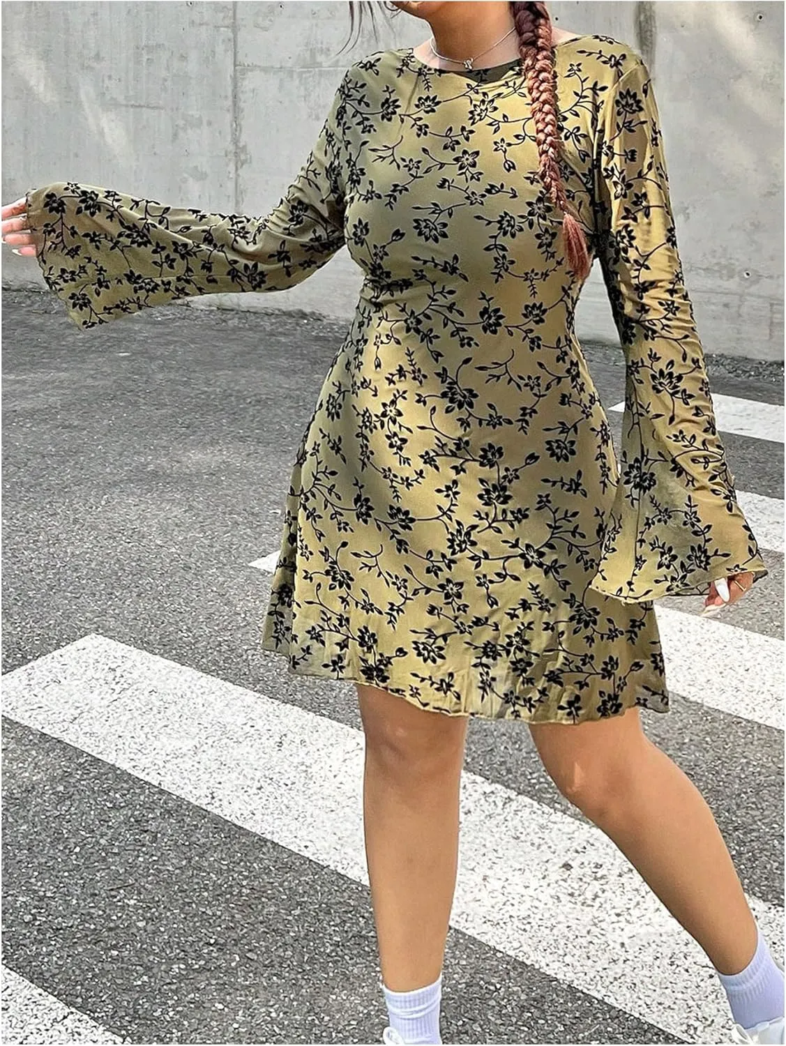MakeMeChic Women's Plus Size Leopard Print Dress Bell Sleeve Cheetah Print Dress Y2K Mesh Backless Mini Dresses
