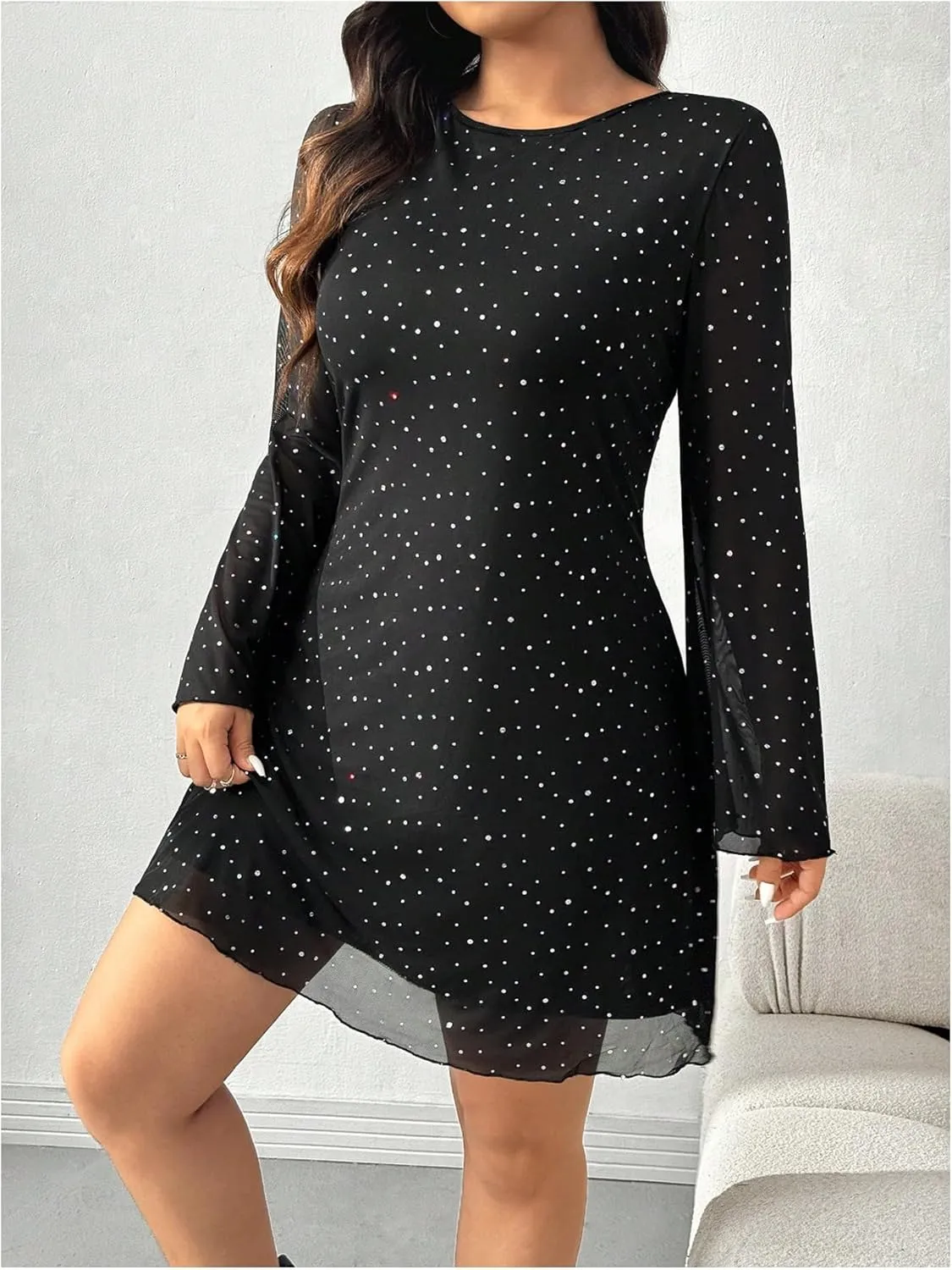 MakeMeChic Women's Plus Size Leopard Print Dress Bell Sleeve Cheetah Print Dress Y2K Mesh Backless Mini Dresses