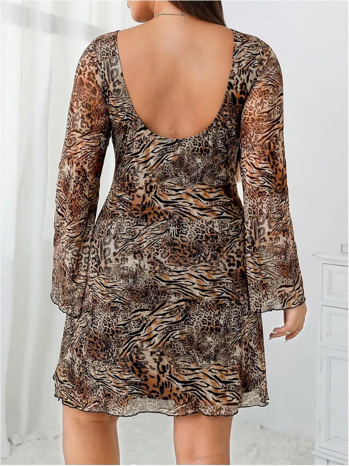 MakeMeChic Women's Plus Size Leopard Print Dress Bell Sleeve Cheetah Print Dress Y2K Mesh Backless Mini Dresses