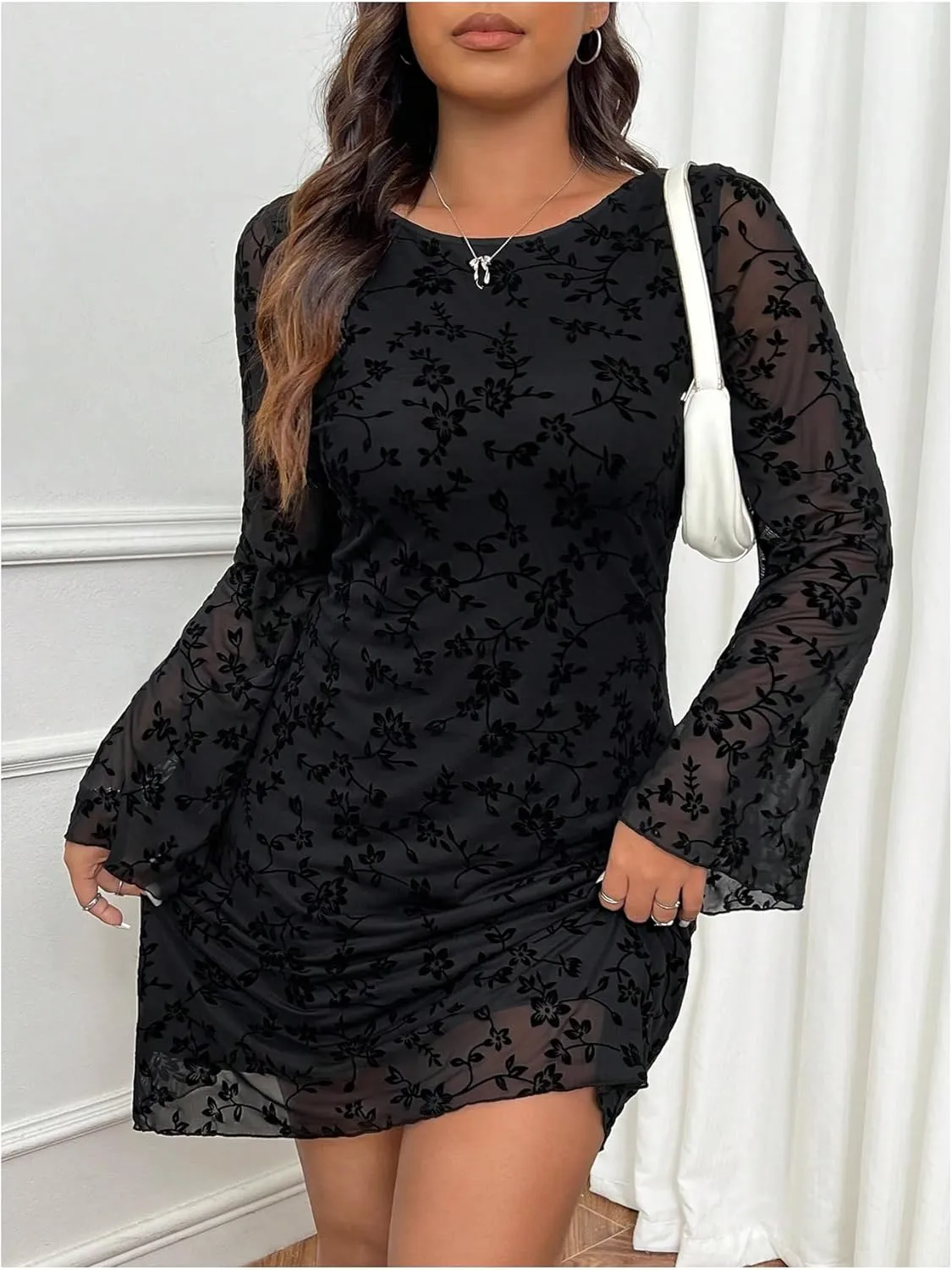 MakeMeChic Women's Plus Size Leopard Print Dress Bell Sleeve Cheetah Print Dress Y2K Mesh Backless Mini Dresses